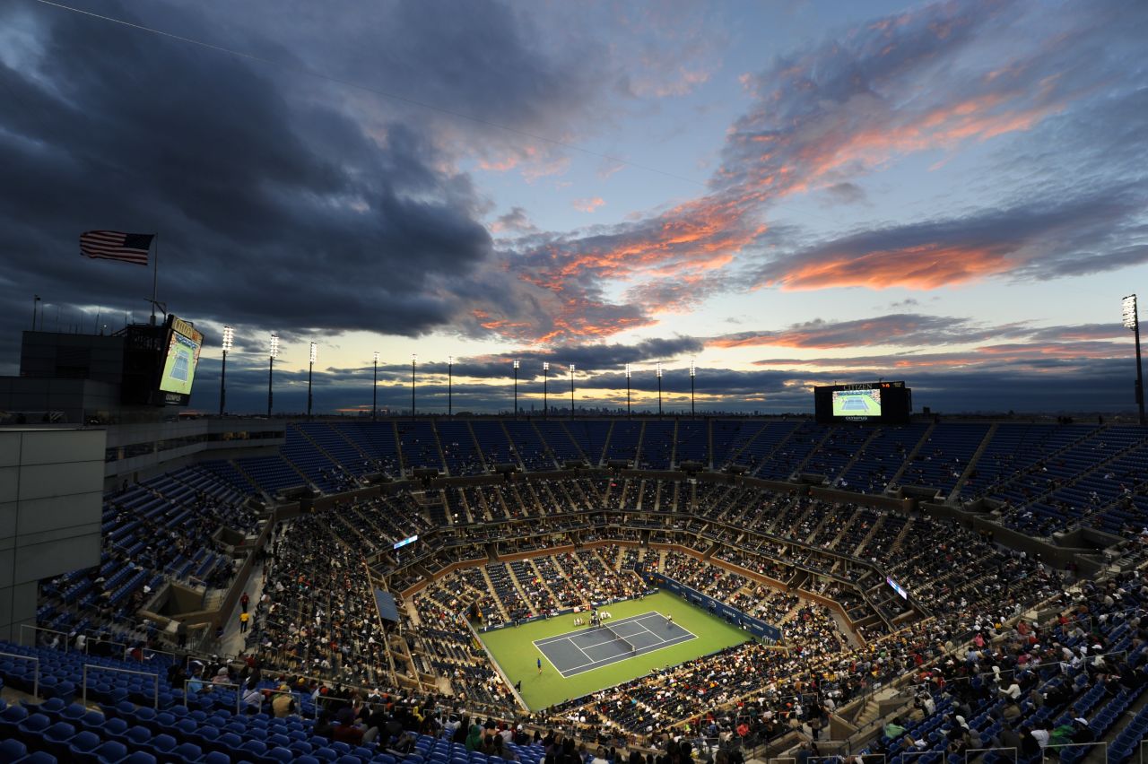 A night view of the main stadium court at Flushing Meadows which is named in honor of Arthur Ashe. 