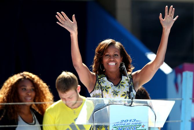 Michelle Obama addresses the crowd at the Arthur Ashe Kids' Day at Flushing Meadows on Saturday August 24.
