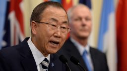 United Nations Secretary General Ban Ki-Moon (L) speaks to the media with UN chief weapons inspector Ake Sellstrom (R) after briefing the Security Council on the weapons inspectors report on chemical weapons in Syria September 16, 2013 at UN headquarters in New York.