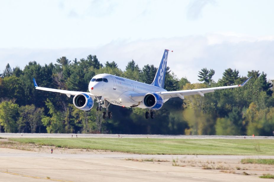 The Bombardier CS100 had its first test flight Monday, at Mirabel Airport, in Quebec.