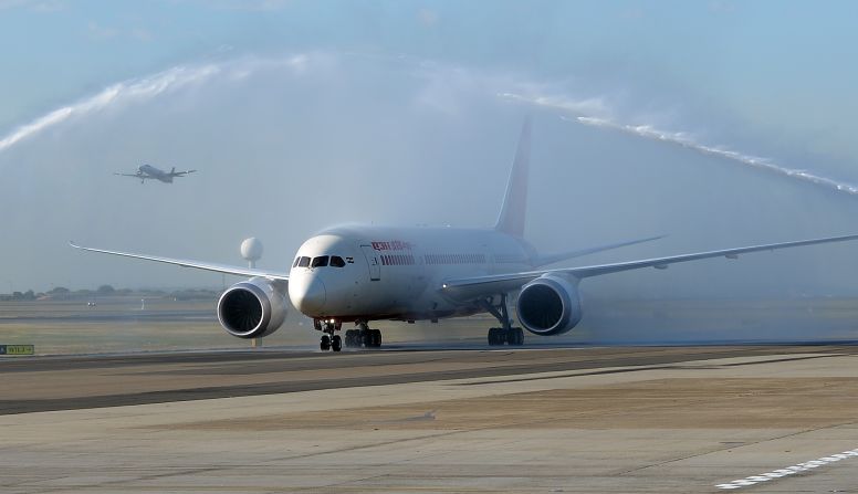 Air India's 787-8 Dreamliner got a water cannon salute in Australia as the country's first Dreamliner passenger flight landed in Sydney. 