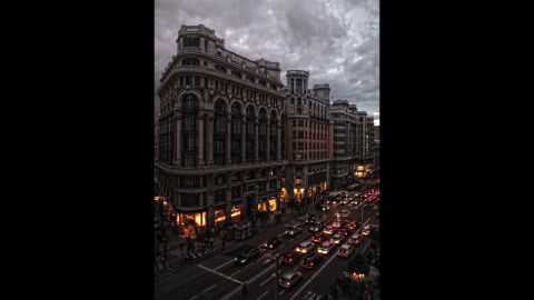 An evening view of the buildings of Madrid's Gran Via. 