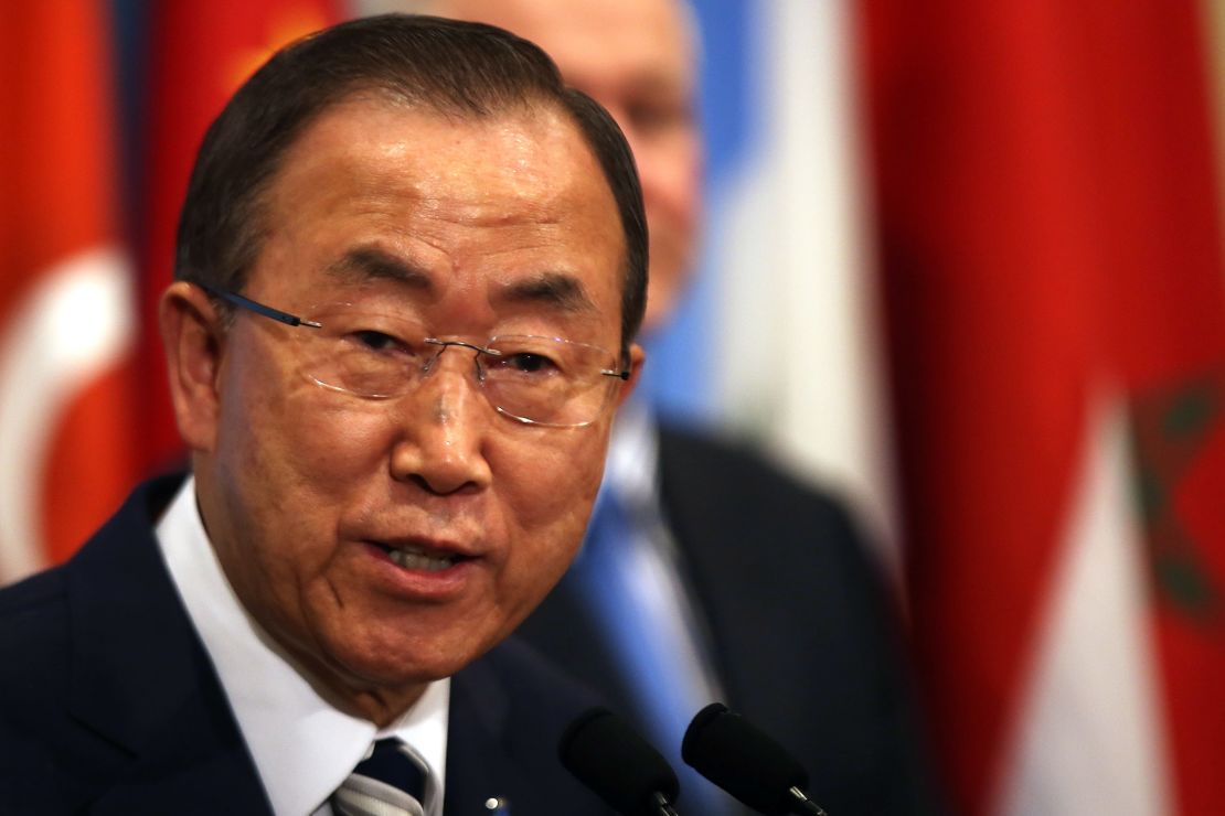  United Nations Secretary-General Ban Ki-moon prepares to speak to the media about the conclusion of the U.N. inspectors' report on chemical weapons use in Syria after a Security Council meeting at the United Nations headquarters on September 16, 2013 in New York City. 