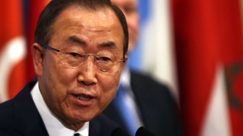  United Nations Secretary-General Ban Ki-moon prepares to speak to the media about the conclusion of the U.N. inspectors' report on chemical weapons use in Syria after a Security Council meeting at the United Nations headquarters on September 16, 2013 in New York City. 