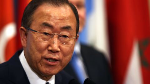 United Nations Secretary-General Ban Ki-moon prepares to speak to the media about the conclusion of the U.N. inspectors' report on chemical weapons use in Syria after a Security Council meeting at the United Nations headquarters on September 16, 2013 in New York City.