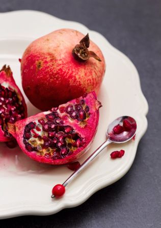 <strong>Pomegranates:</strong> This slightly sour fruit has gotten a lot of press as an antioxidant powerhouse. The juice provides a tangy base for marinades, and the seeds can be tossed into salads to amp up the flavor. <br /><br />Health benefits include<br />? A UCLA study showed pomegranate juice has higher antioxidant levels than red wine <br />? Good source of vitamin C and folate <br /><br />Harvest season: August to December