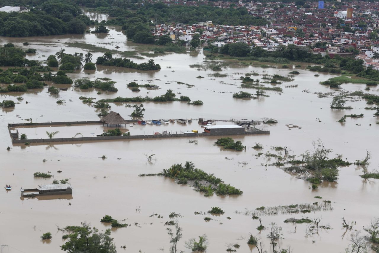 An aerial view shows a flooded area in Acapulco on September 17. 