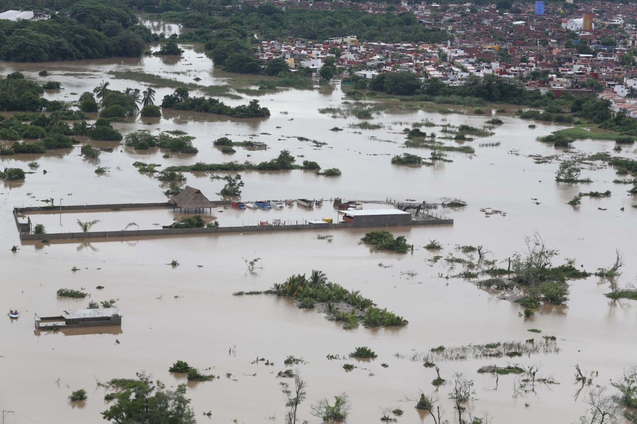 An aerial view shows a flooded area in Acapulco on September 17.