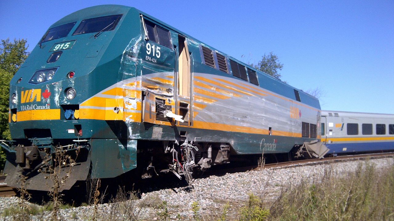 Damage to the front of the VIA Rail passenger train is seen on September 18, in this photo released by the Transportation Safety Board of Canada. 