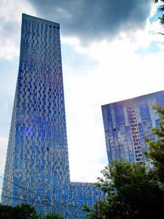 The slanting, exposed-concrete columns at the base catch the eye, as does an atrium that joins the skyscraper to its 132-meter-tall sister tower. At 213 meters, House on Mosfilmovskaya 1 is one of the 10 tallest buildings in Russia.<strong>Architect</strong>: Sergey Skuratov Architects