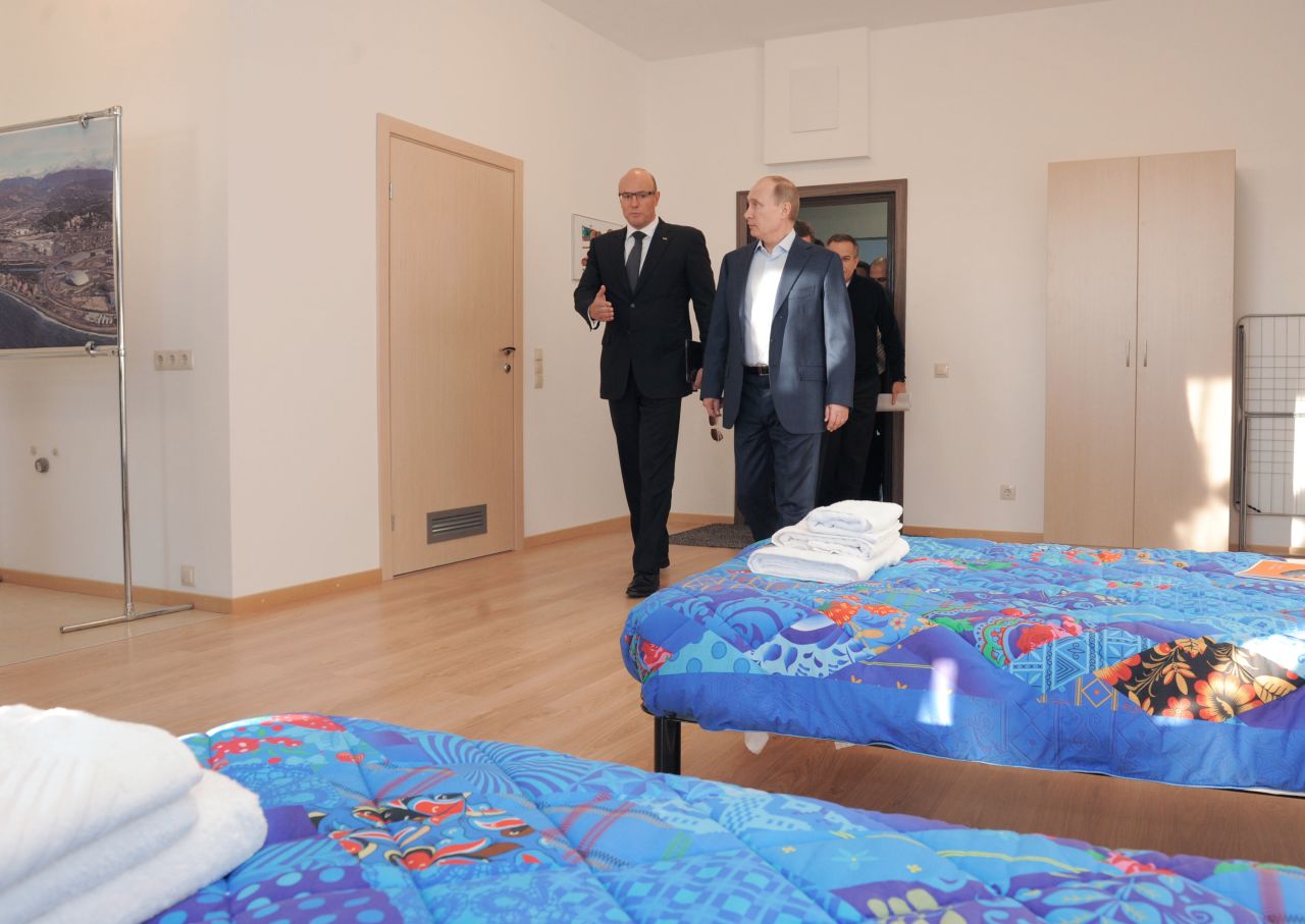 Russia's President Vladimir Putin has taken a keen interest in the Games, visiting Sochi to ensure the project is finished in time. He visited the Olympic Village with Dmitry Chernyshenko, the CEO of the organizing committee.