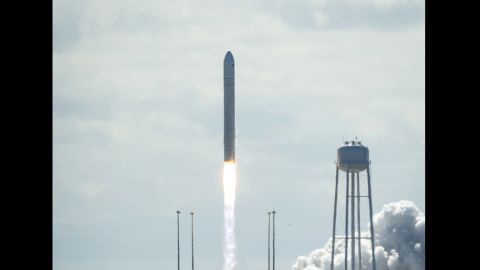 Orbital Sciences launched its first unmanned Cygnus cargo ship into orbit from Wallops Island, Virginia, on Wednesday.