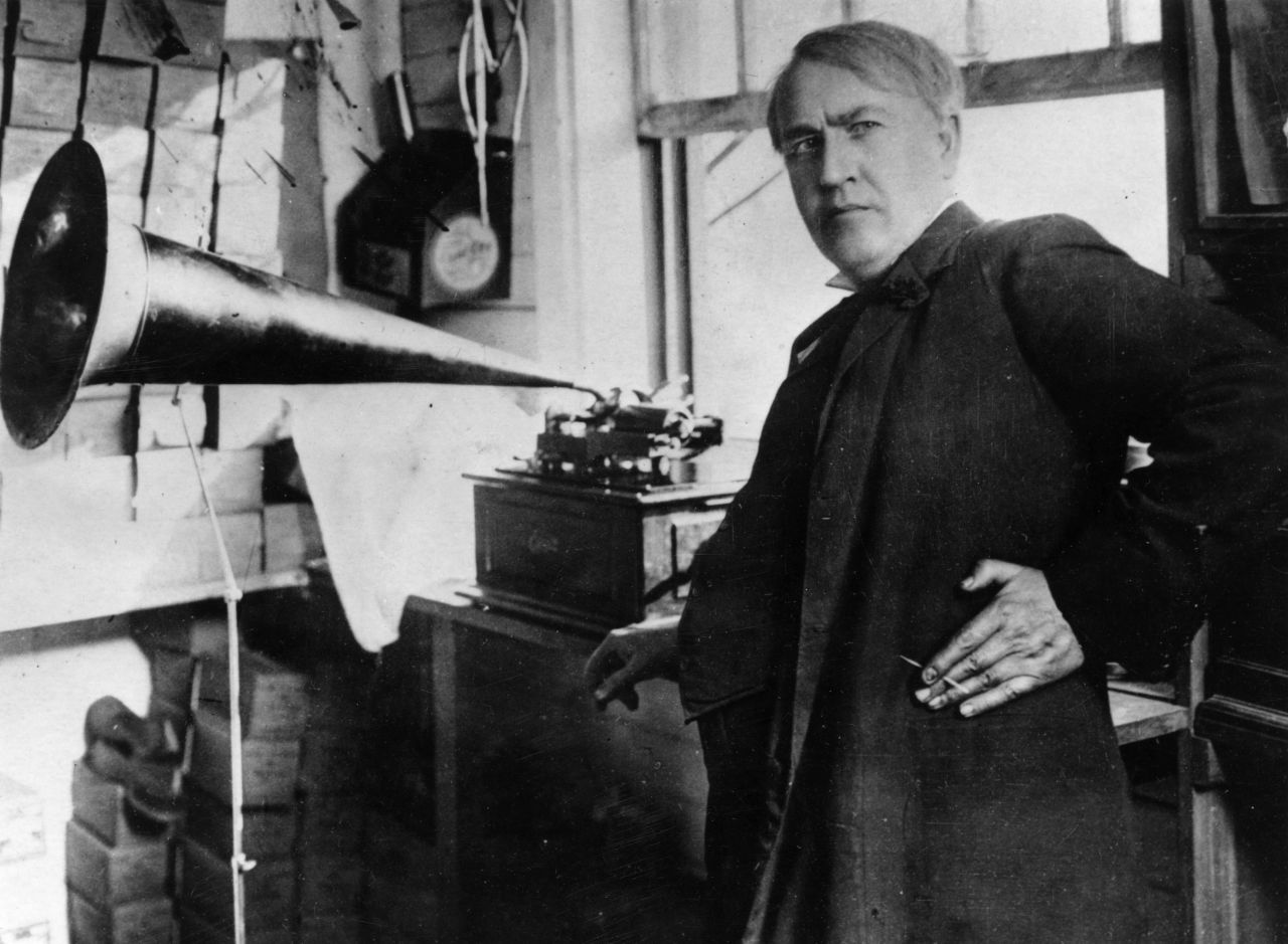 In 1877 Thomas Edison invented the phonograph, the first device that could reproduce recorded sound. It worked by tracing a stylus over a rotating cylinder. Edison tested it by speaking the phrase, "Mary had a little lamb," into the machine -- perhaps the first words ever recorded.