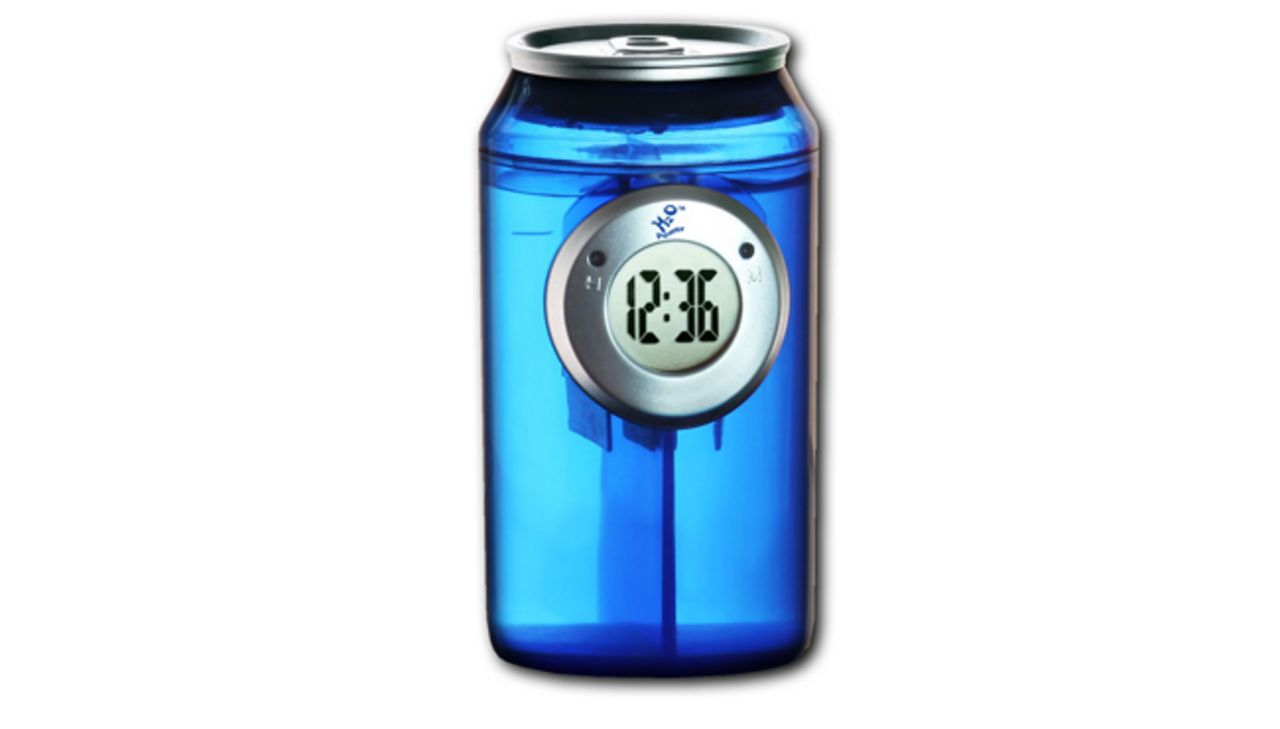 It really is that simple. Just add water and this can-shaped clock will use the latest in  'long life H2O technology' to keep it ticking.