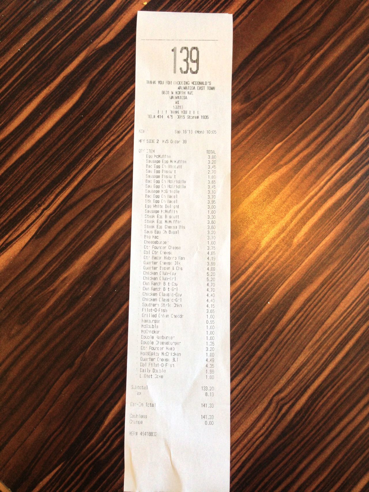 Chipman purchased one of every breakfast and lunch sandwich at a McDonald's in Wauwatosa, Wisconsin to make his bucket list item.