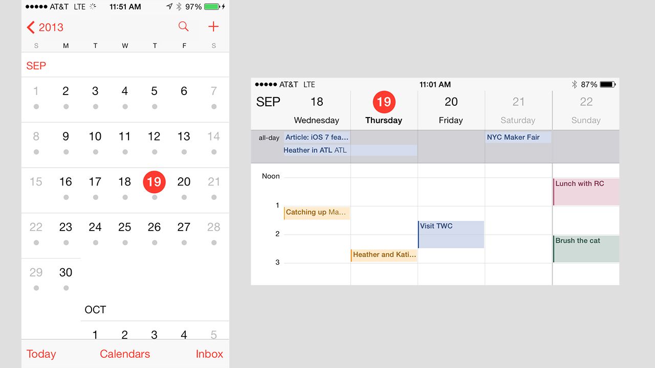 El calendario se sometió a uno de los rediseños más radicales en iOS 7. Ya no se ve como un calendario de papel.