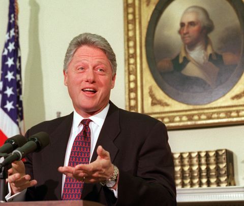 President Clinton speaks about the federal budget impasse from the Oval Office on November 16, 1995. The first part of the budget shutdown ended on November 19 when a temporary spending bill was enacted. But Congress failed to come to an agreement on the federal budget, leading to a second shutdown starting December 16.
