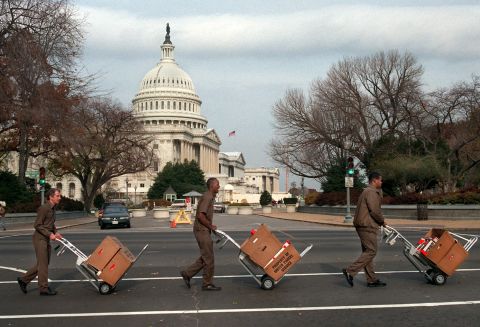 UPS workers deliver letters to members of Congress on November 28, 1995. The letters were written and sent by members of the Coalition For Change, a nonpartisan organization devoted to balancing the budget.