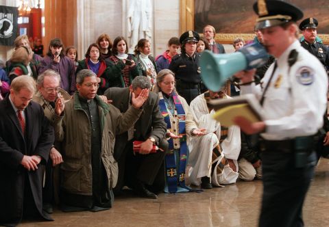 A speaks to demonstrators at the Capitol Rotunda on December 7, 1995. Evangelical leaders from around the country held a prayer session to call on legislators to treat the poor justly during welfare reform and budget negotiations.