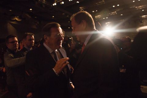 Steinbrueck is close to former Chancellor and fellow social democrat Gerhard Schroeder. Here they are pictured talking at the state convention of the SPD in Wolfsburg.