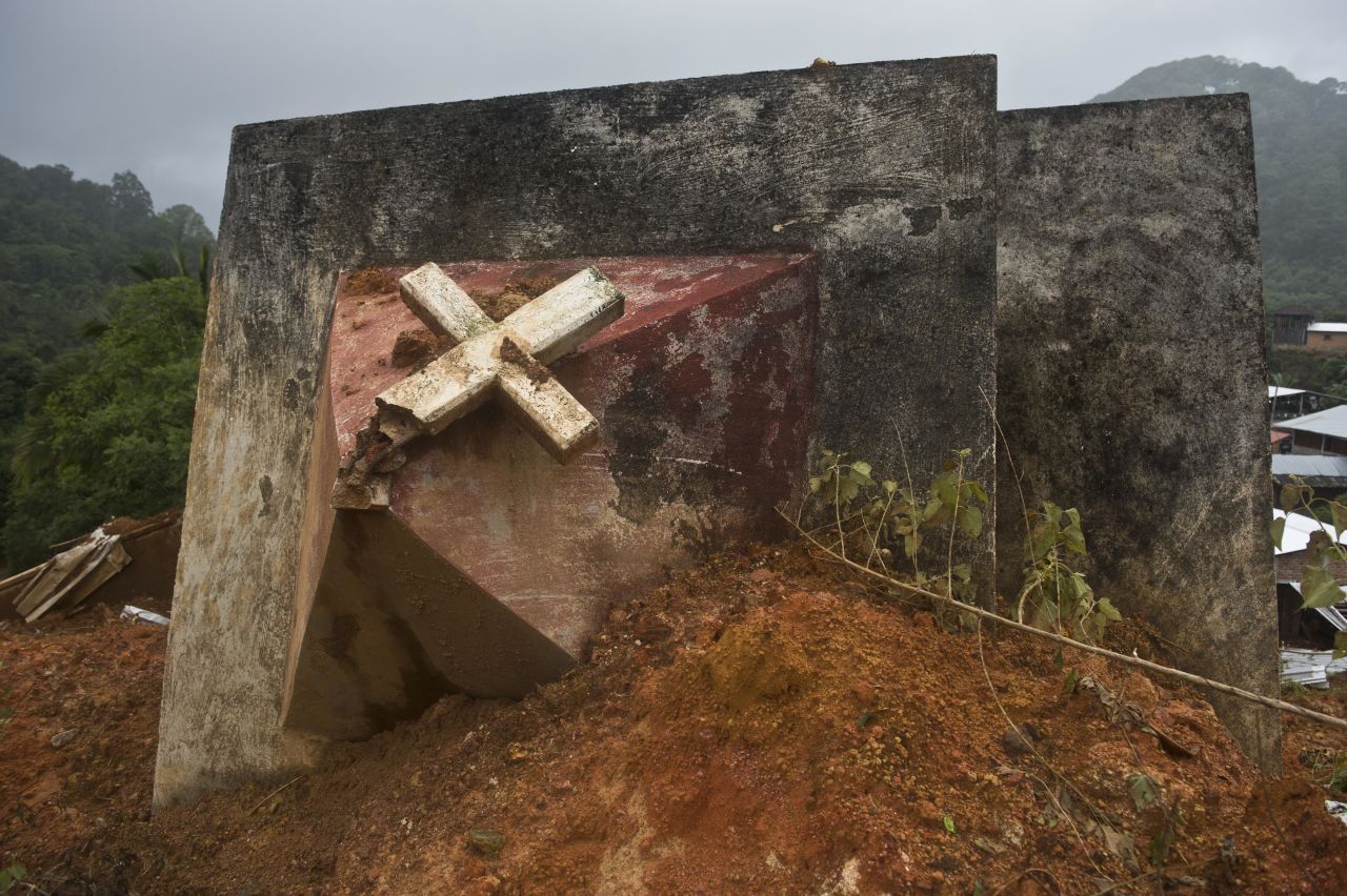 Church tower lies toppled after a landslide in La Pintada, Guerrero state, on September 19.