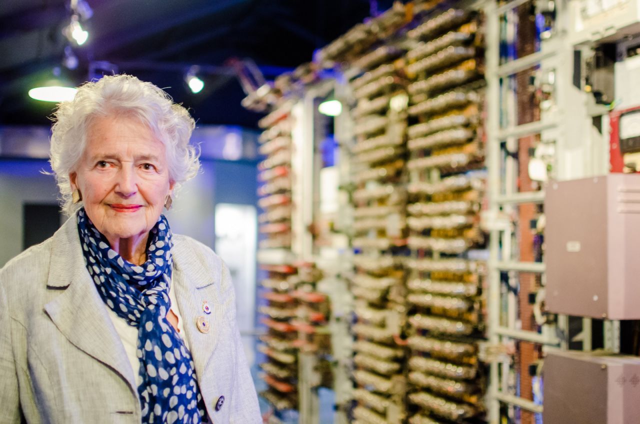 Margaret pictured today in front of the rebuilt Colossus machine at The National Museum of Computing.