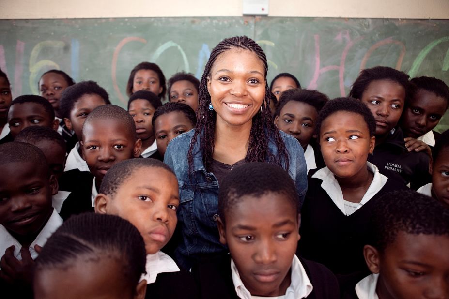Pumeza Matshikiza meets pupils at the school she attended as a child, Homba Public Primary School, in Cape Town.
