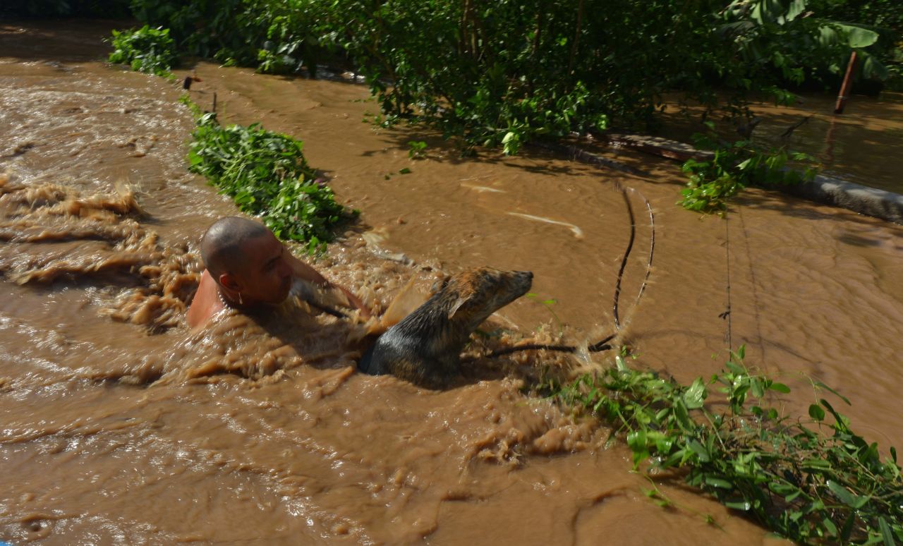 A man rescues his dog from floodwater in Navolato, Sinaloa State, Mexico, on September 20.