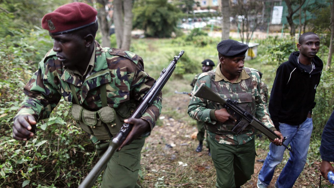 Kenyan paramilitary police officers patrol the area near the mall on Sunday, September 22.