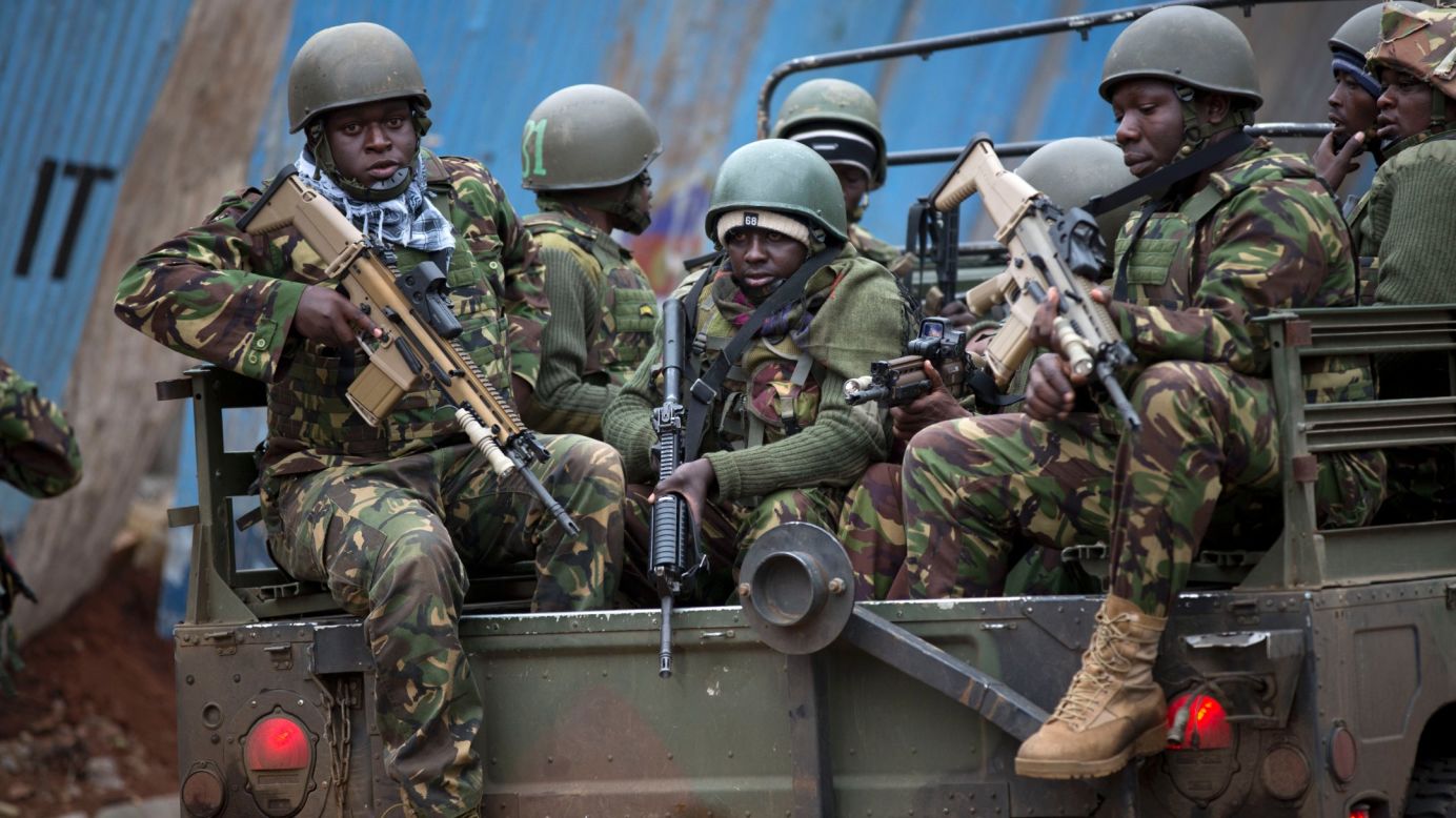 Soldiers from the Kenya Defense Forces arrive outside the Westgate Mall on September 22.