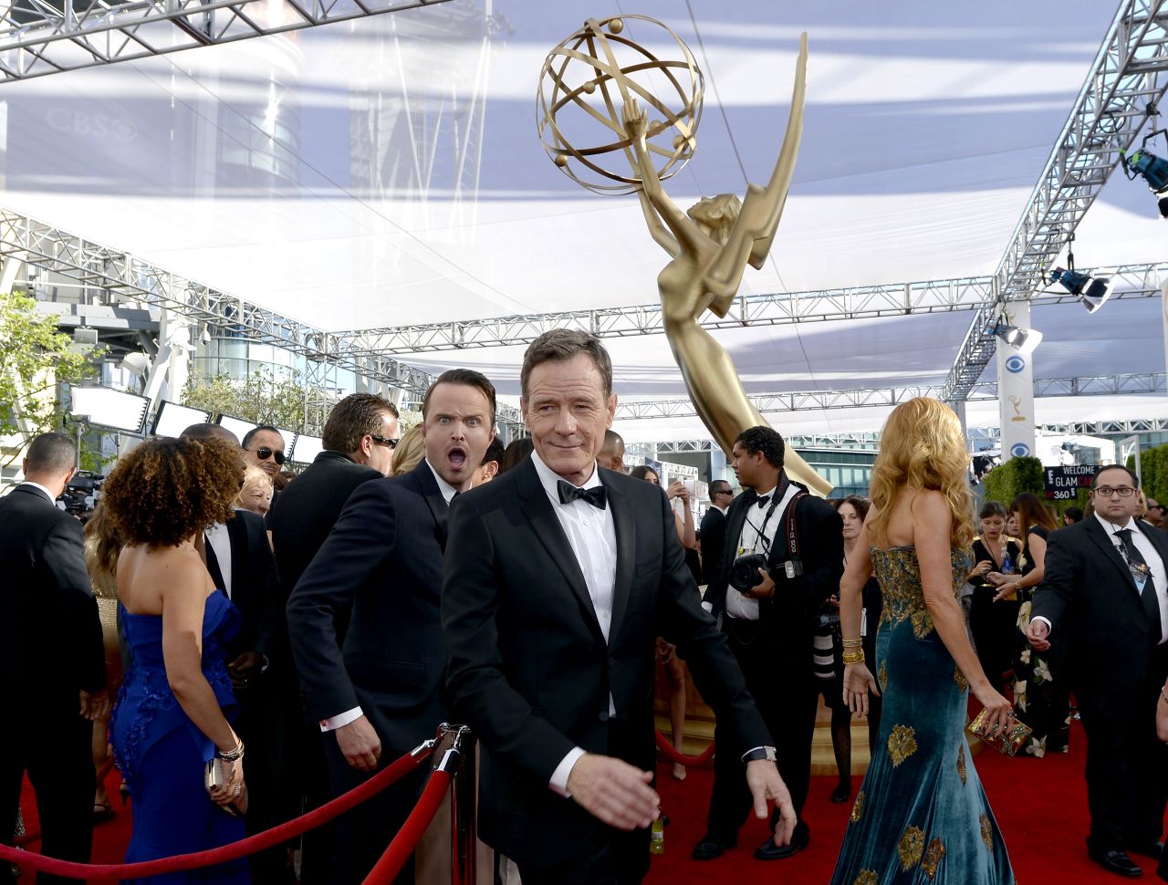 "Breaking Bad" stars Aaron Paul, left, and Bryan Cranston. AMC's "Breaking Bad" took home the Emmys' top honor for outstanding drama series.