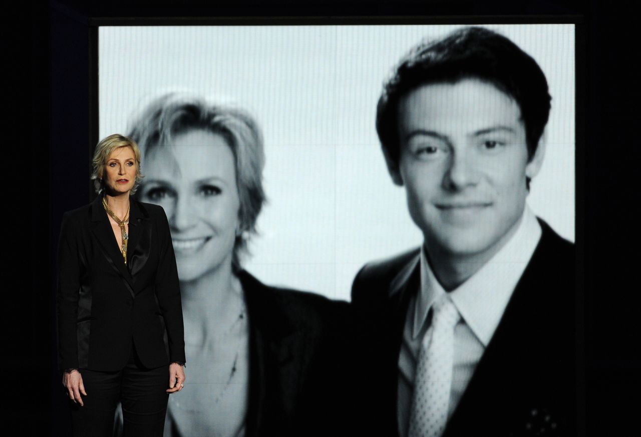 Jane Lynch pays tribute to "Glee" co-star Cory Monteith, who died of a drug overdose in July.