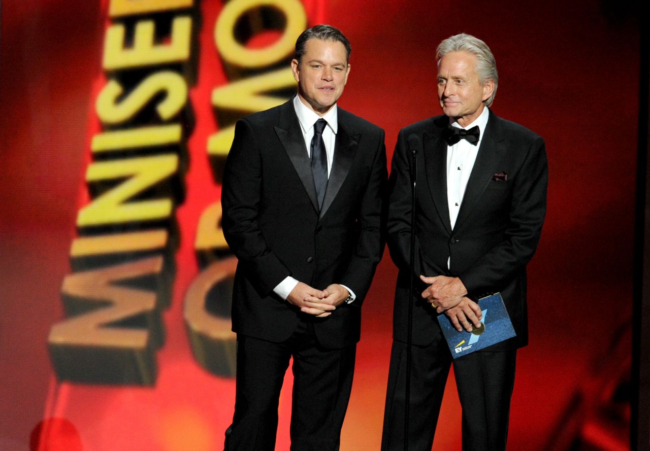 "Behind the Candelabra" stars Matt Damon, left, and Michael Douglas take the stage.