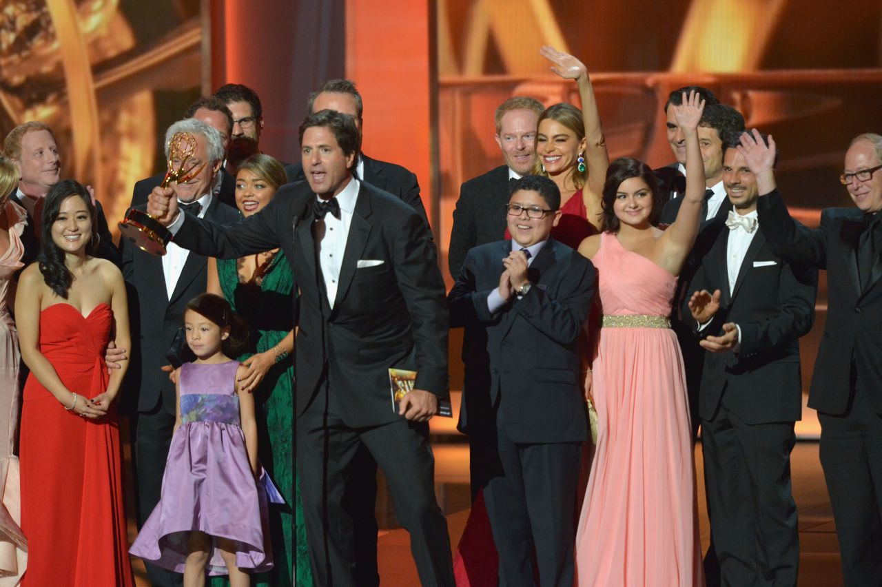 Producer Steve Levitan and the cast of "Modern Family" accept the award for outstanding comedy series.