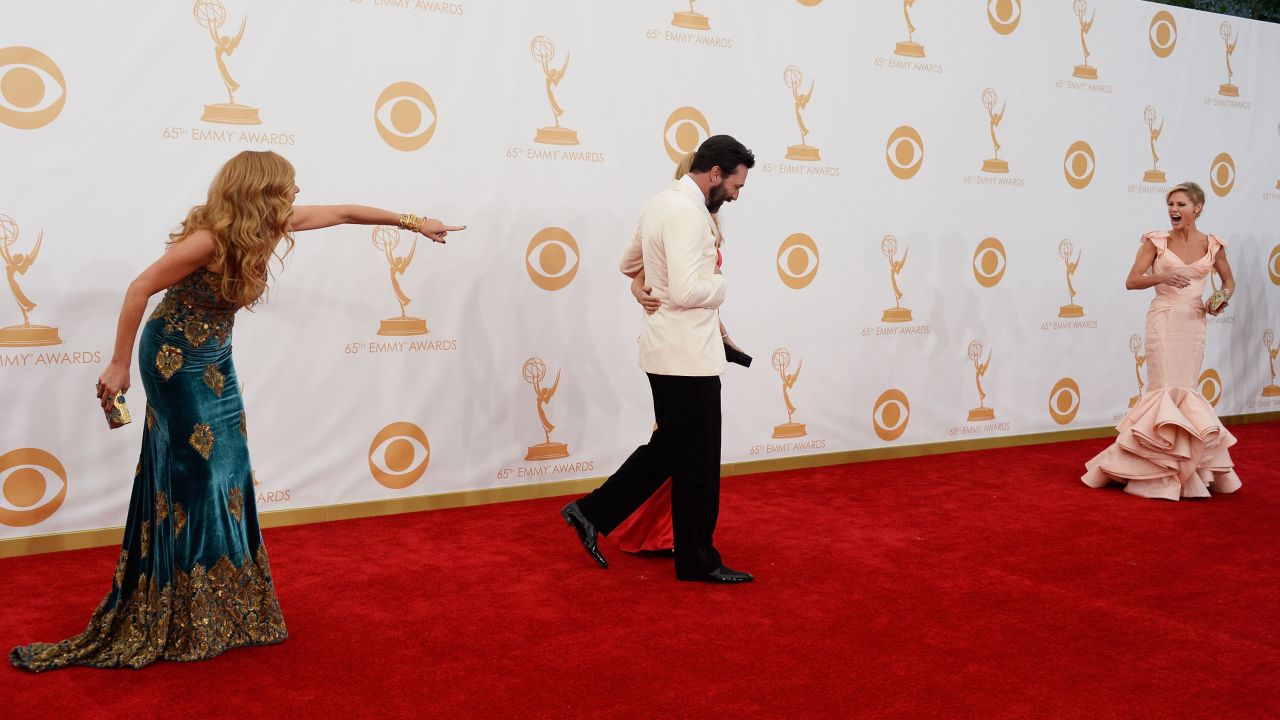 "Nashville's" Connie Britton, left, shares a red carpet moment with "Mad Men's" Jon Hamm and "Modern Family's" Julie Bowen.