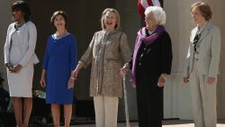 Left to right: First lady Michelle Obama and former first ladies Laura Bush, Hillary Clinton, Barbara Bush and Rosalynn Carter attend the opening ceremony of the George W. Bush Presidential Center in Dallas on April 25.