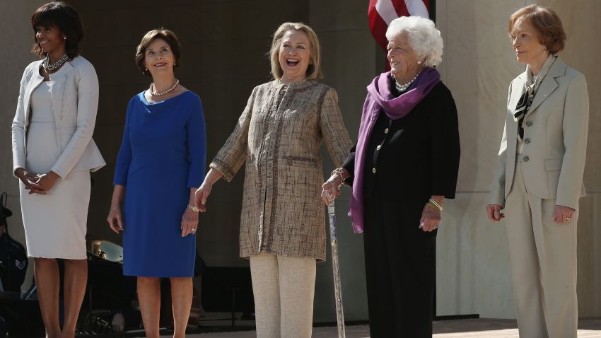 Left to right: First lady Michelle Obama and former first ladies Laura Bush, Hillary Clinton, Barbara Bush and Rosalynn Carter attend the opening ceremony of the George W. Bush Presidential Center in Dallas on April 25.