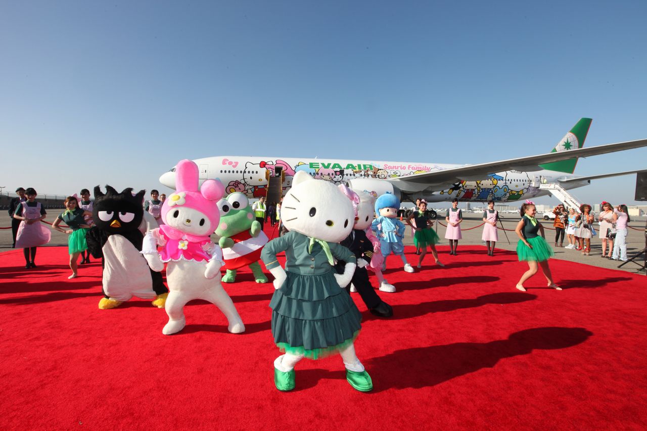 There are now a total of six Hello Kitty jets. The Taipei-LAX Boeing 777 (pictured) is the first one to showcase not just Kitty but a bunch of fellow Sanrio family members."The cheerful display of characters of all shapes and sizes, joining hands the entire length of the aircraft, invites new friends from around the world," EVA Air said.