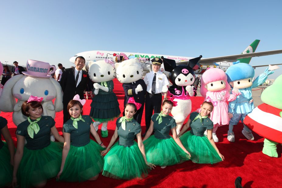 One of this motley crew actually flies the plane. The paint job required 35 designers and took three times as long to complete than EVA Air's other Asia-route-only Hello Kitty planes.