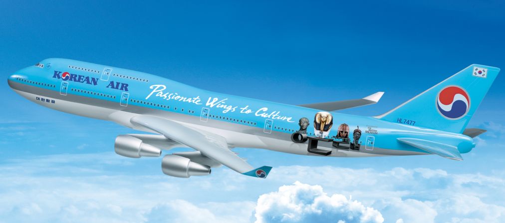 In 2009, Korean Air created a livery celebrating its sponsorship of London's British Museum. The livery depicted an Egyptian golden coffin mask and an Anglo-Saxon helmet, among other of the museum's exhibits. A helmet -- winged or otherwise -- yes. But can the coffin theme have helped the more nervous flyers onboard? 