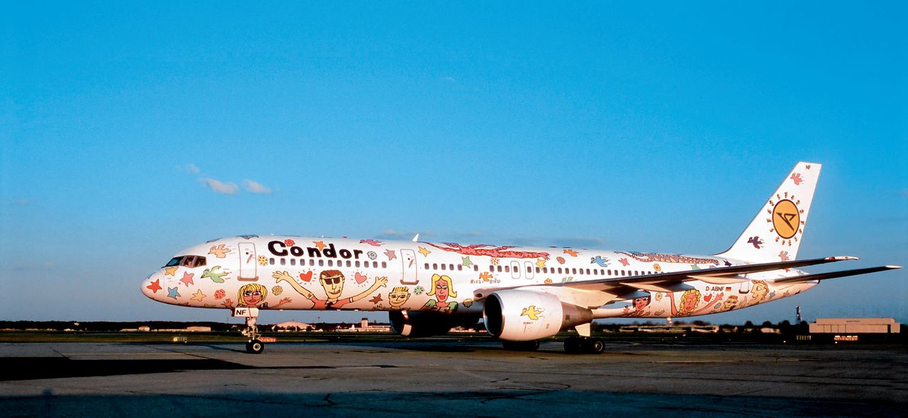 Condor's crazy-looking Rizzi-bird livery was created by the late American artist James Rizzi to commemorate the German airline's 40th anniversary in the mid-1990s.