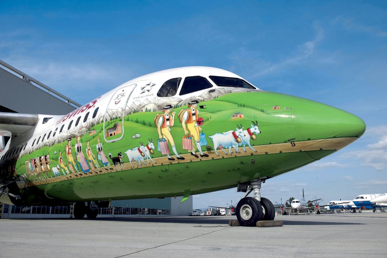 This elaborate Swiss International Airlines livery depicting farmers herding cows through an alpine meadow was unveiled in 2006. Following it in 2010 was a flower power livery, adorning planes on the Zurich-San Francisco route. Flower power? Surely a few decades late.