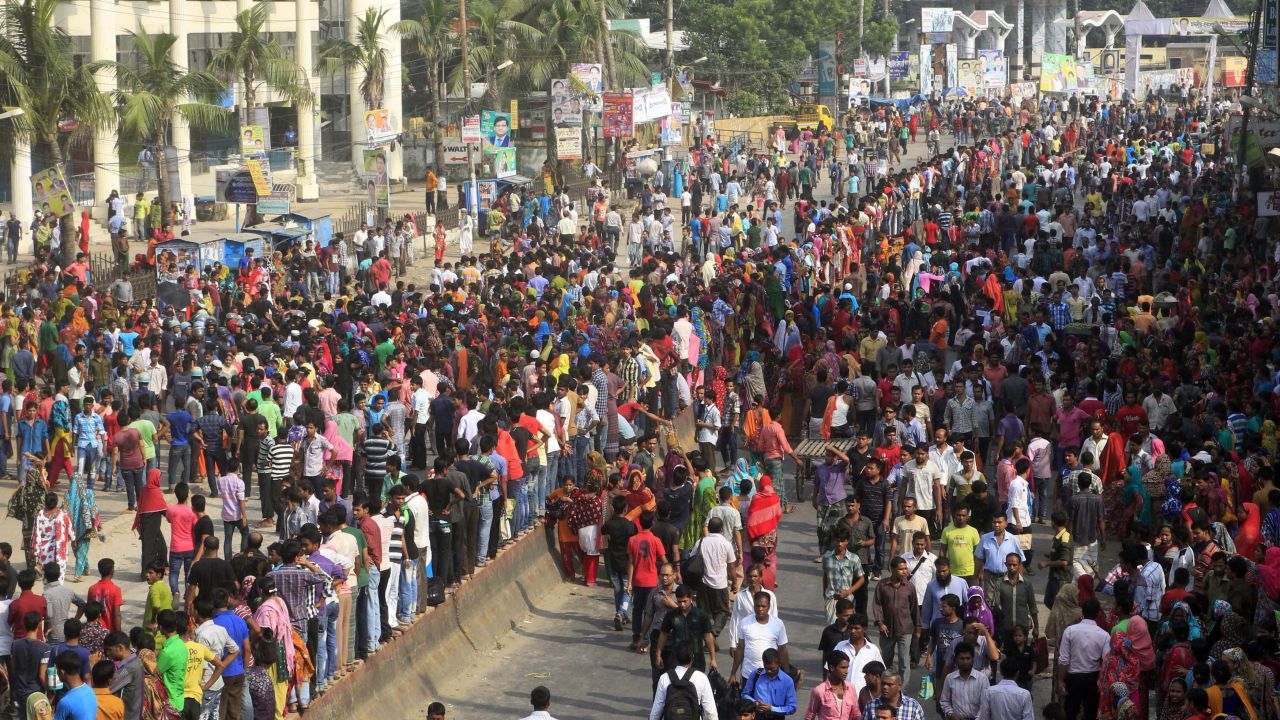 Protesting garment workers block a street in Gazipur.