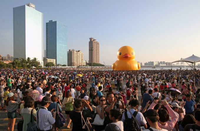 Dutch artist Florentijn Hofman's 18-meter rubber duck is currently floating in the harbor in Kaohsiung City in southern Taiwan. The city's enthusiastic regard for the great bird helped it beat out dozens of other suitors who wanted a visit.