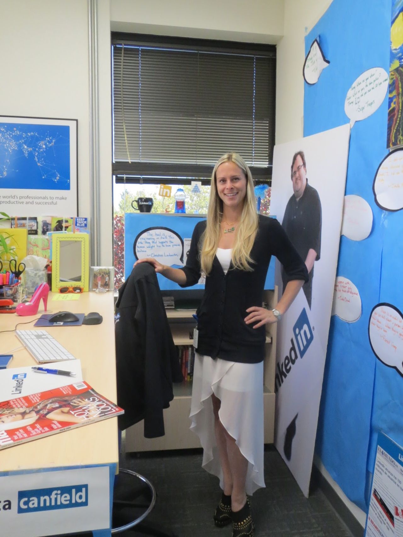 LinkedIn corporate communications senior manager Krista Canfield keeps a life-size photo of LinkedIn founder Reid Hoffman in her desk area. 