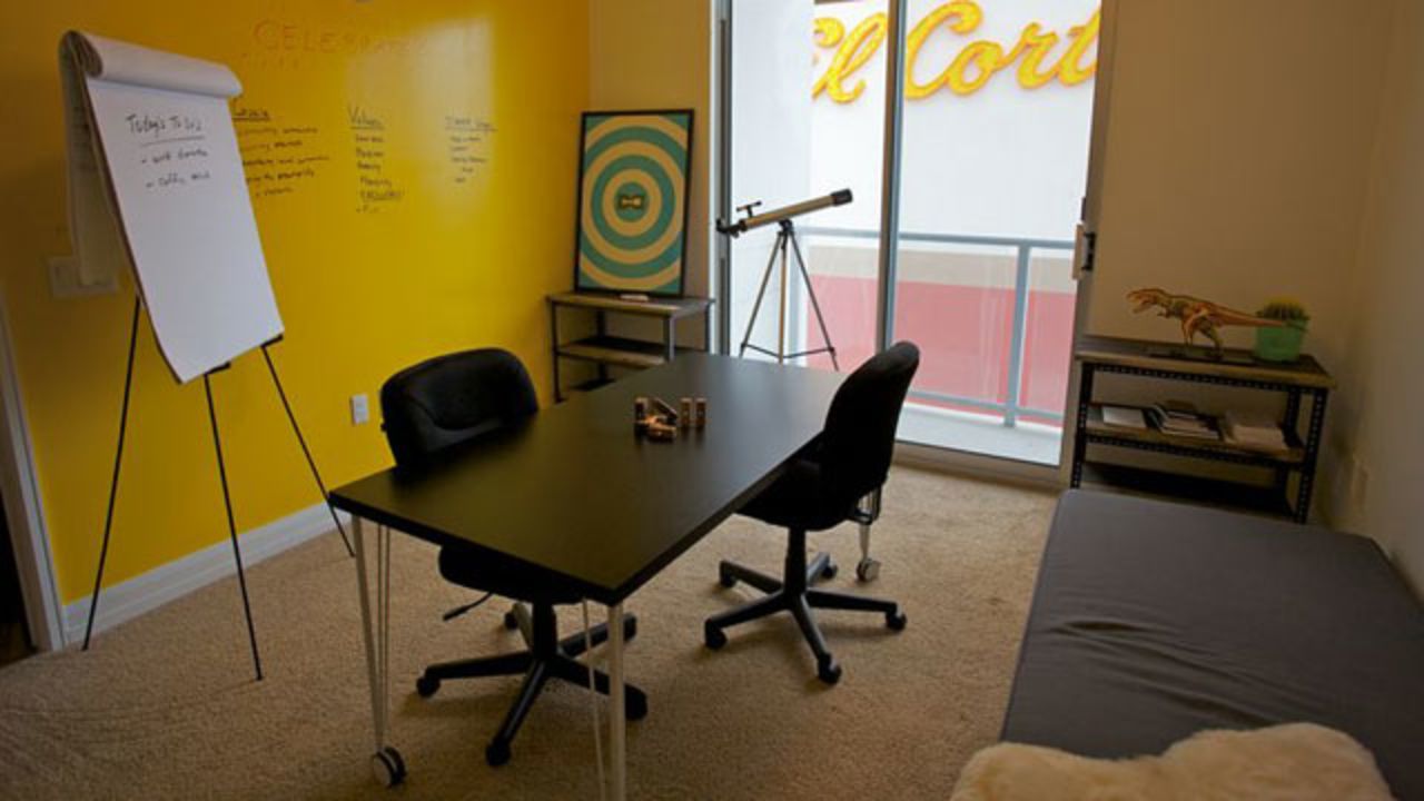 Media company Tech Cocktail CEO Frank Gruber's office has a rolling desk and Murphy bed for late nights or visitors.