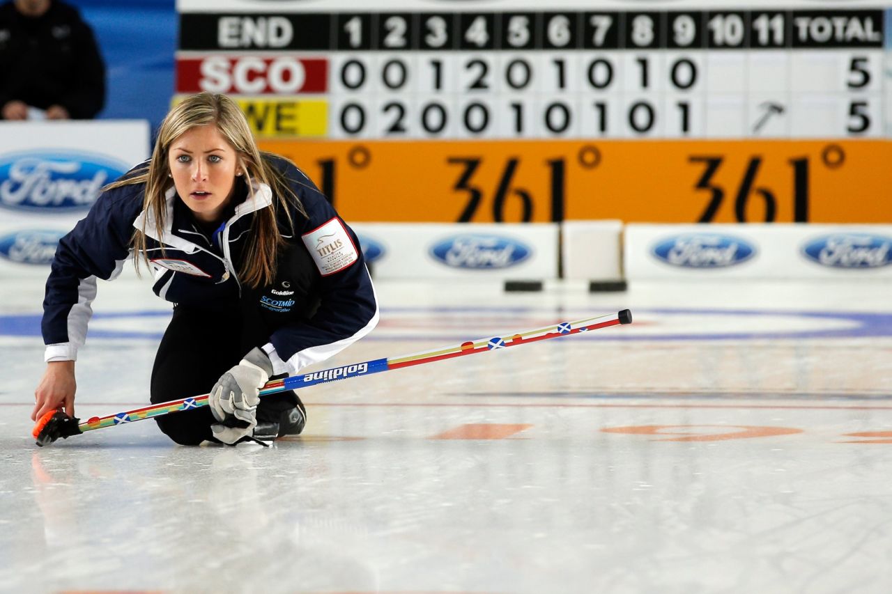 Much of the play is dictated by the skip. Here Great Britain's Muirhead is in action as her side take on Sweden in a battle of skill and science judging by the two nations' research.