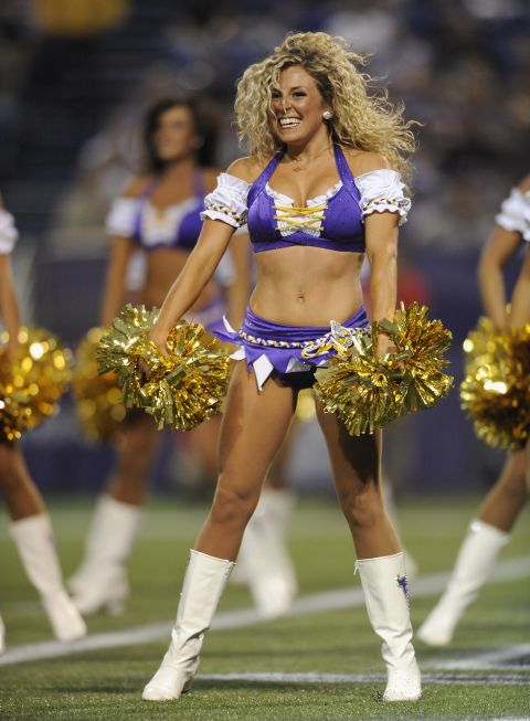 While the NFL muscle men go to war on the pitch, women wearing skimpy outfits and shaking brightly colored pom-poms strut their stuff with intricately choreographed dance routines. 