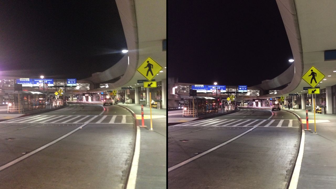 The iPhone 5S has a larger sensor, which lets in more light and makes indoor or nighttime photos less murky. The 5S picture on the right is crisper and shows less flare from the airport lights than the iPhone 5 shot on the left.
