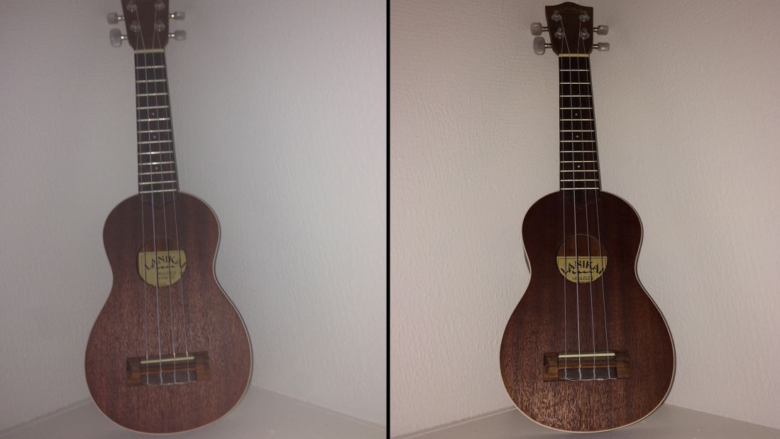 The improved iPhone 5S flash modulates its settings for the situation instead of just emitting a blast of light. These images show how the flash on the iPhone 5 gives the guitar a washed-out look, left, while the iPhone 5S flash at right produces more contrast.